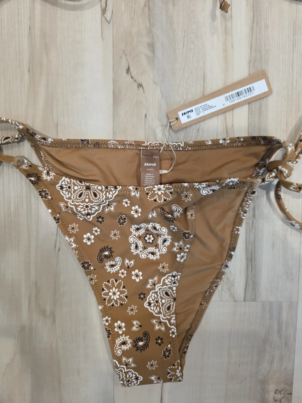 Skims Signature Swim Dipped Tie Bottom in Almond Bandana S NWT